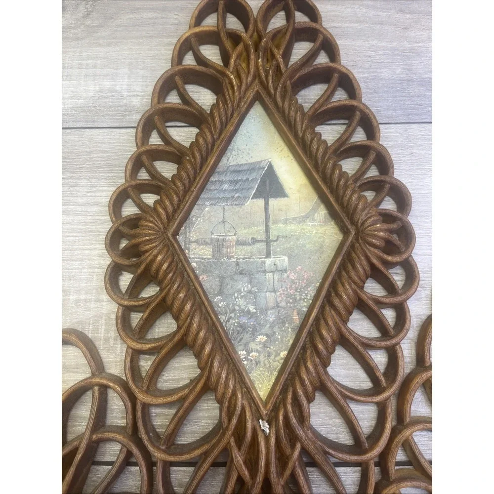 Country Scene #1350 Diamond Plaques Burwood Set Rustic Set Of 4 Wall Hanging Vtg